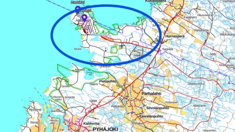 Map of the Hanhikivi area. Map base: National land survey of Finland.
